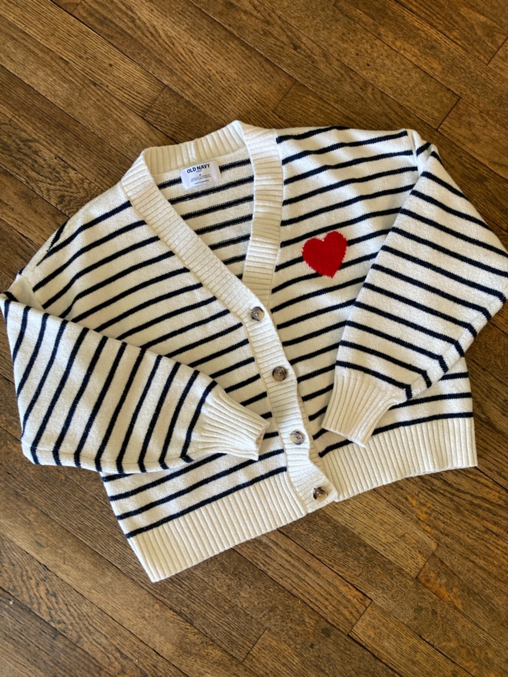 Old Navy Cream and Navy Striped Cardigan with Red Heart